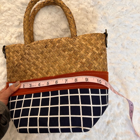 Woven Straw & Navy Grid Tote Bag with Rust Accent - Picture 3 of 12